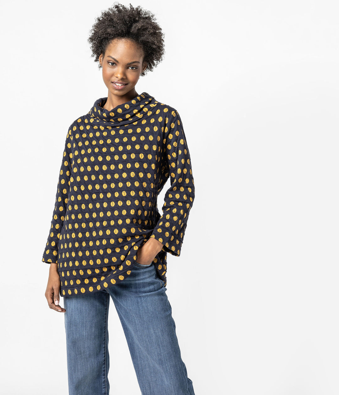 Como Spot Weave Navy Cowl Top