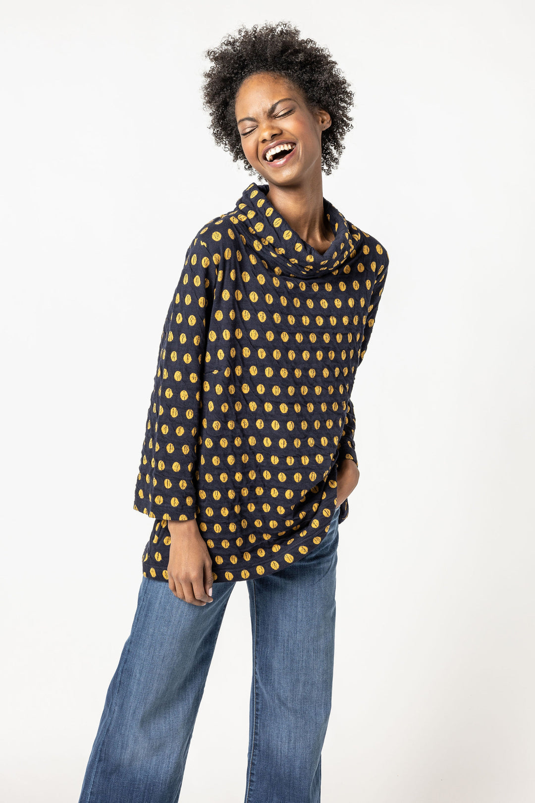 Como Spot Weave Navy Cowl Top