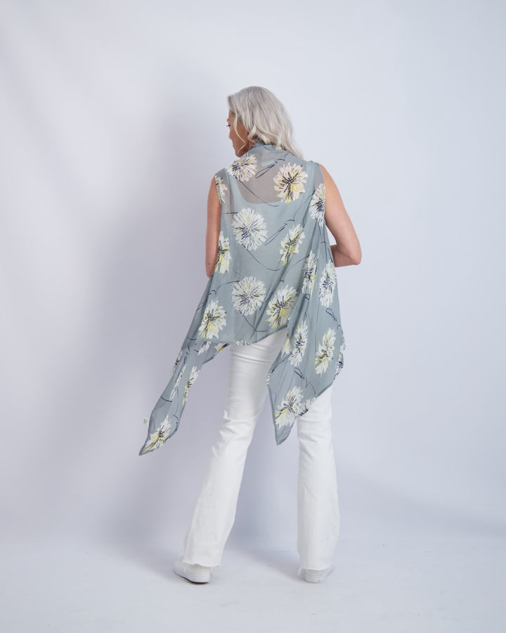 Silver Flower Print Sleeveless Kimono