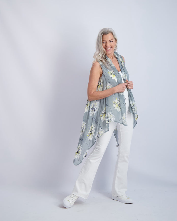 Silver Flower Print Sleeveless Kimono