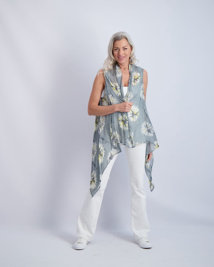 Silver Flower Print Sleeveless Kimono