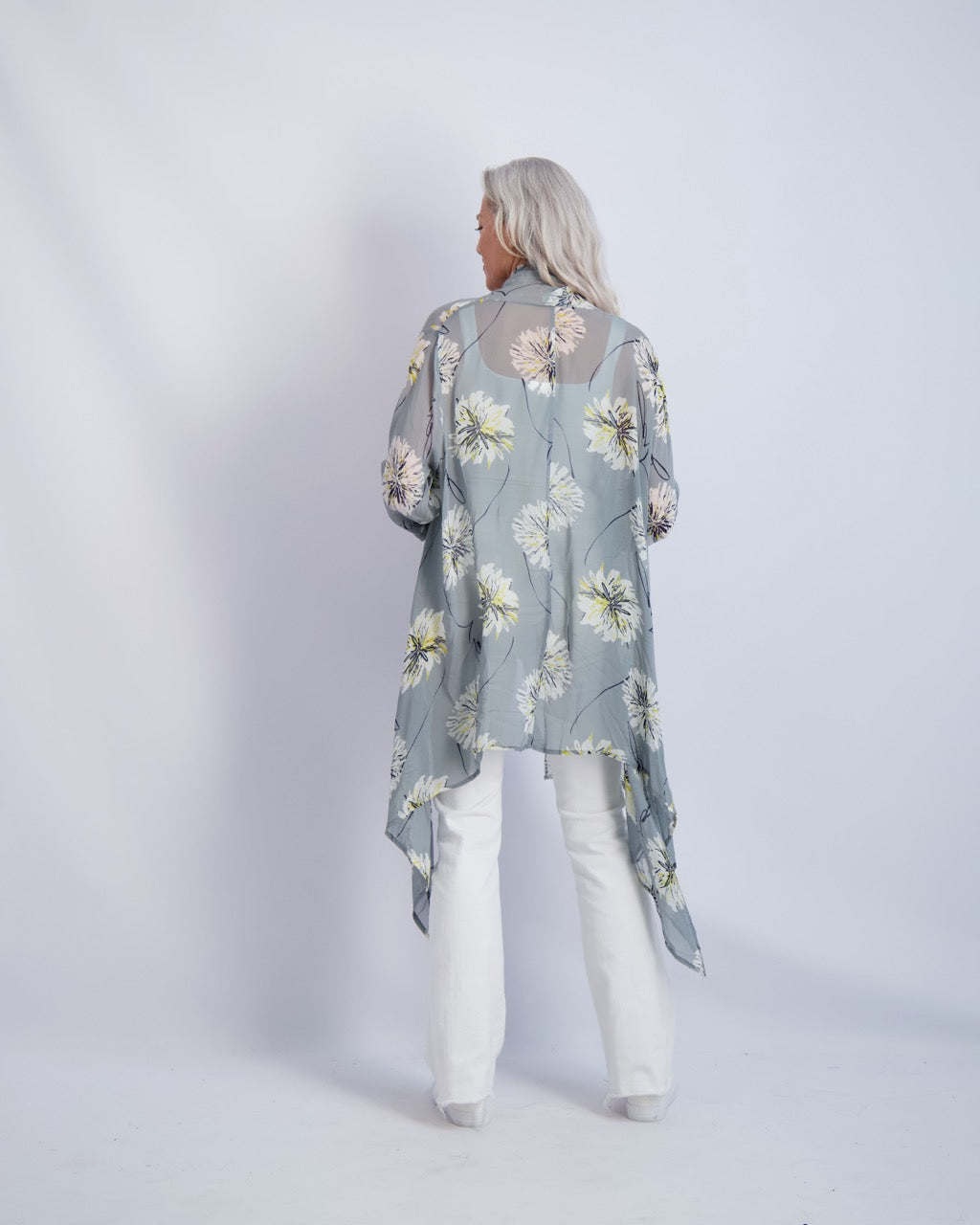 Silver Flower Print Kimono