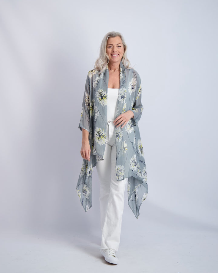 Silver Flower Print Kimono