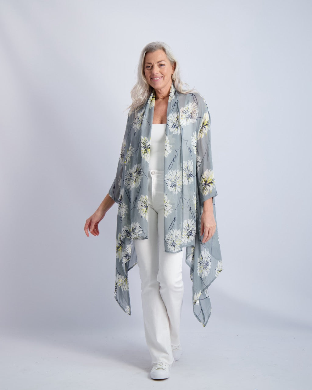 Silver Flower Print Kimono