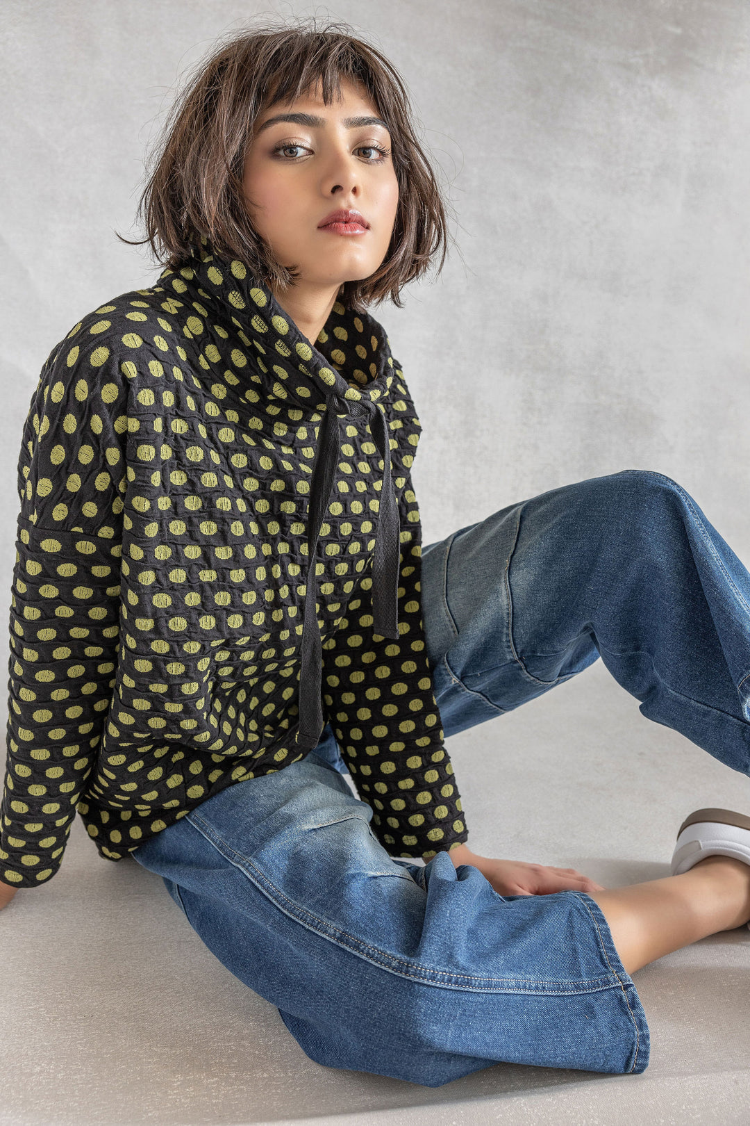 Como Spot Jacquard Drawstring Cowl Top