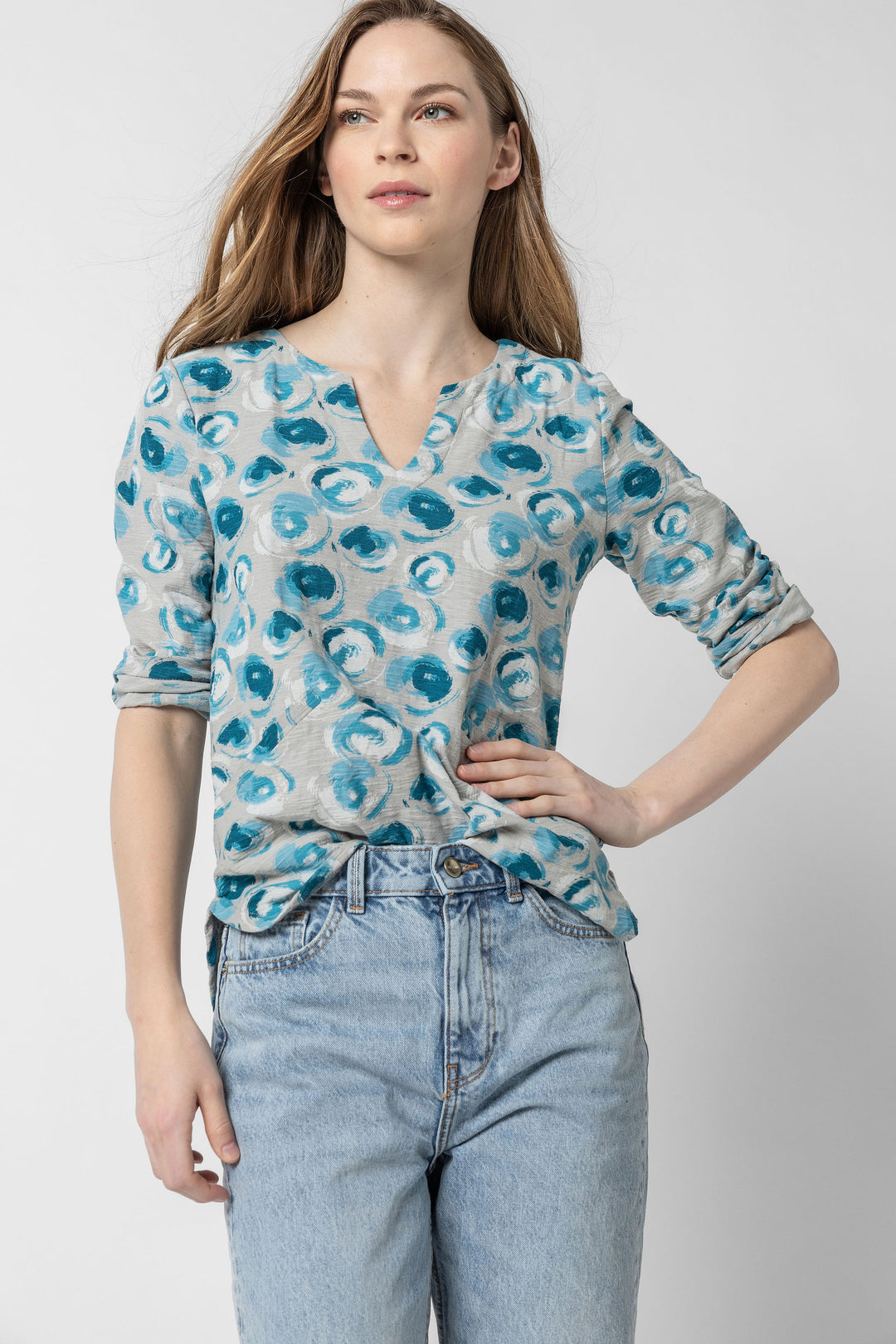 Cuba Print Notch 3/4 Sleeve Top