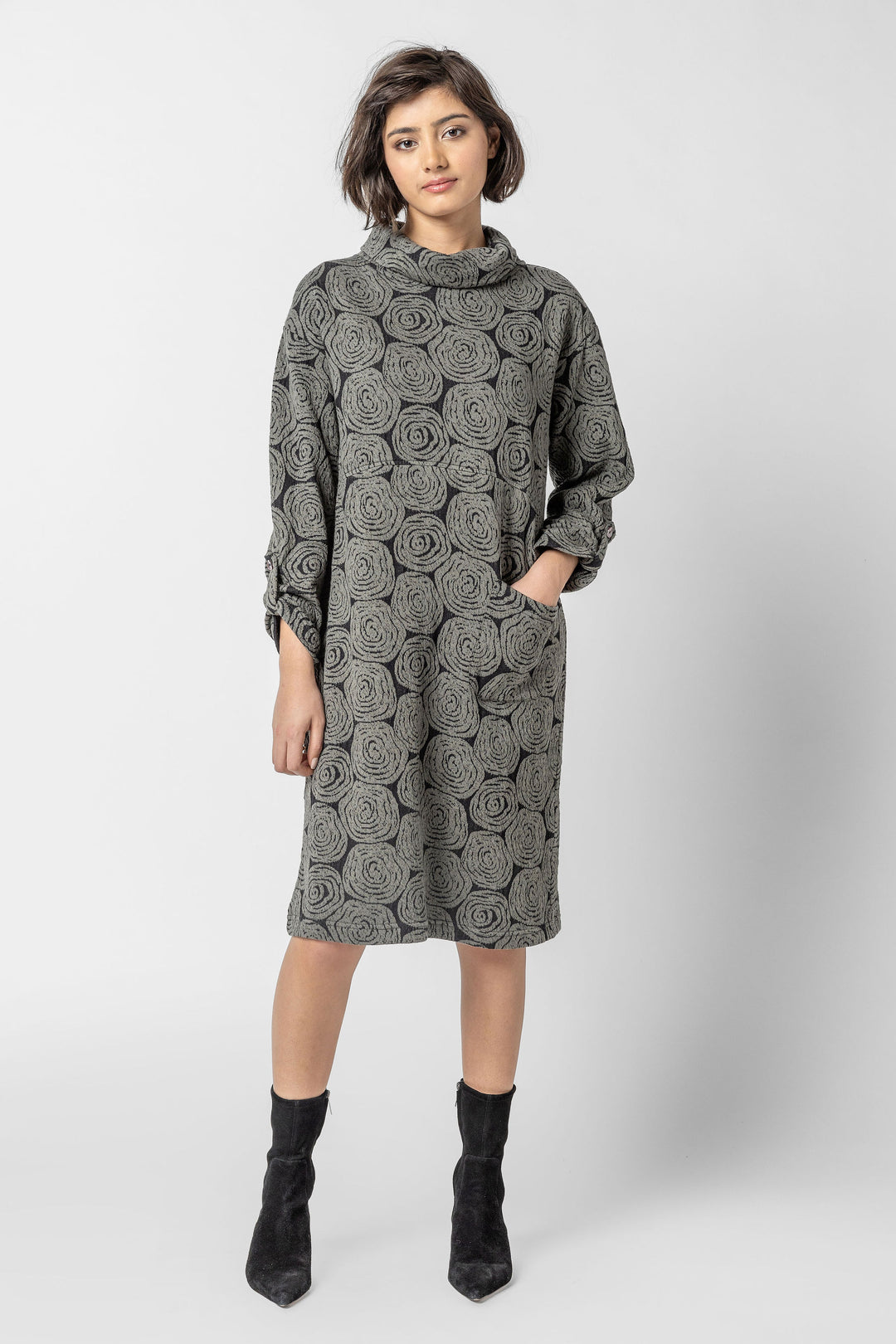 Geo Floral Jacquard Cowl Dress