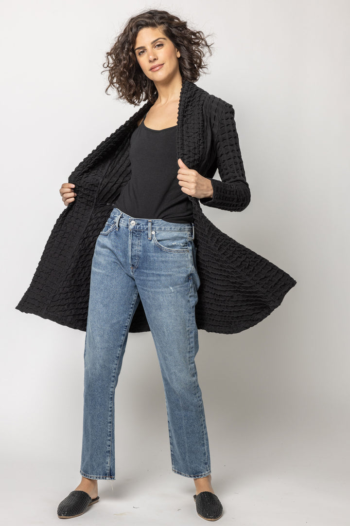 Black Waffle Weave Long Jacket