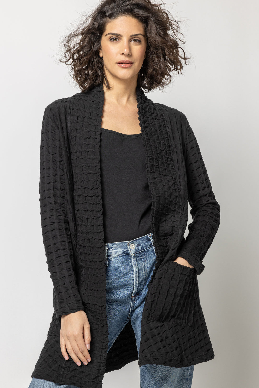 Black Waffle Weave Long Jacket