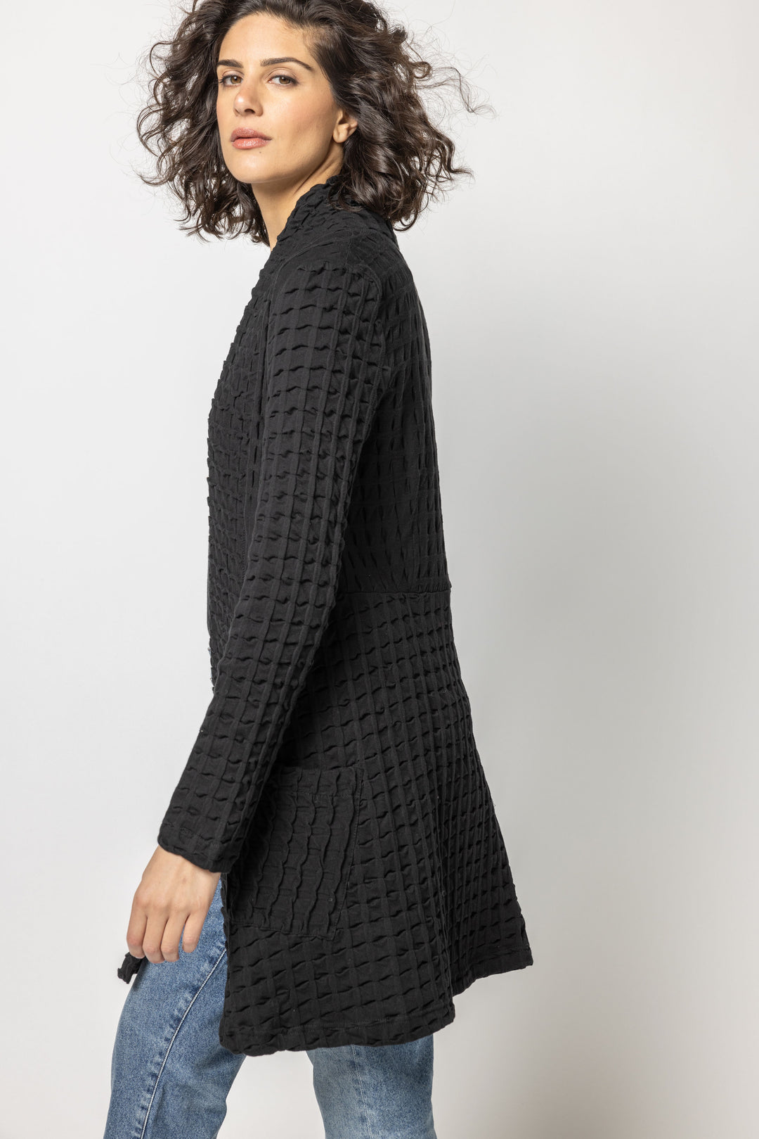 Black Waffle Weave Long Jacket