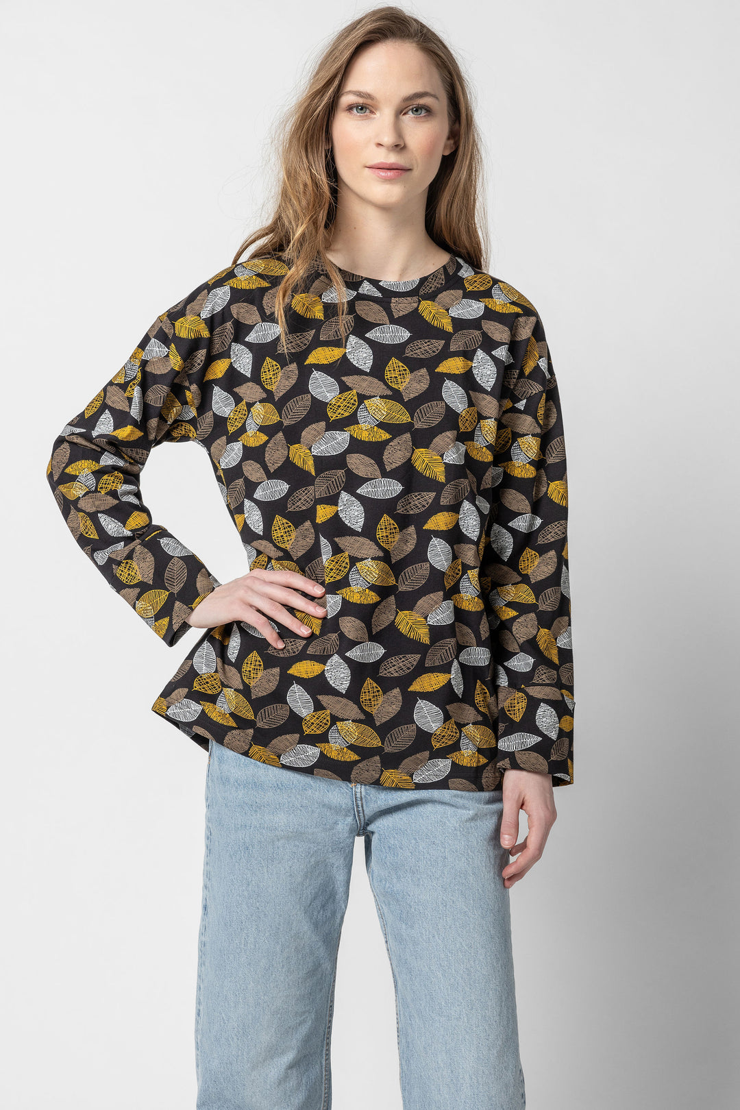 Leaf Print Jersey Crew Top
