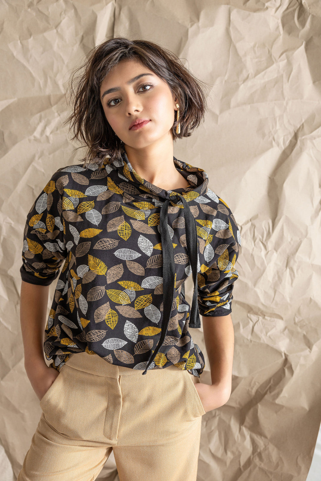 Leaf Print Jersey Drawstring Cowl Top