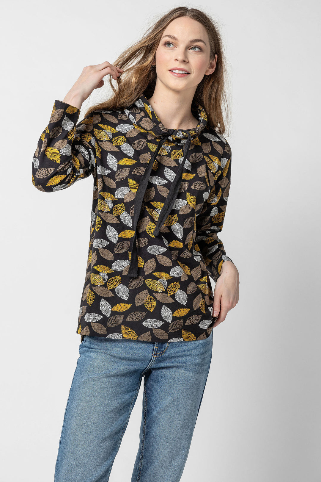 Leaf Print Jersey Drawstring Cowl Top