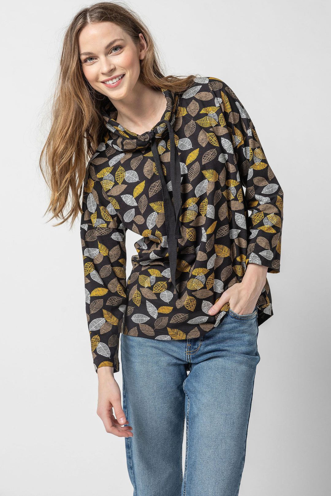 Leaf Print Jersey Drawstring Cowl Top