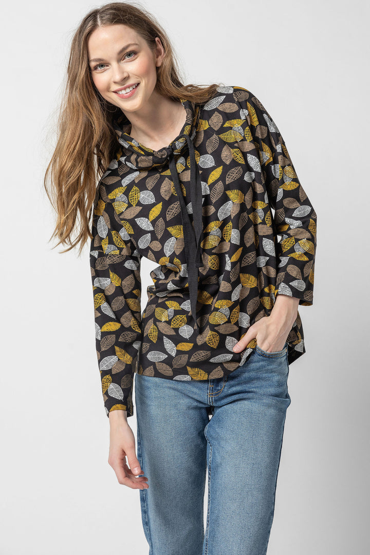 Leaf Print Jersey Drawstring Cowl Top