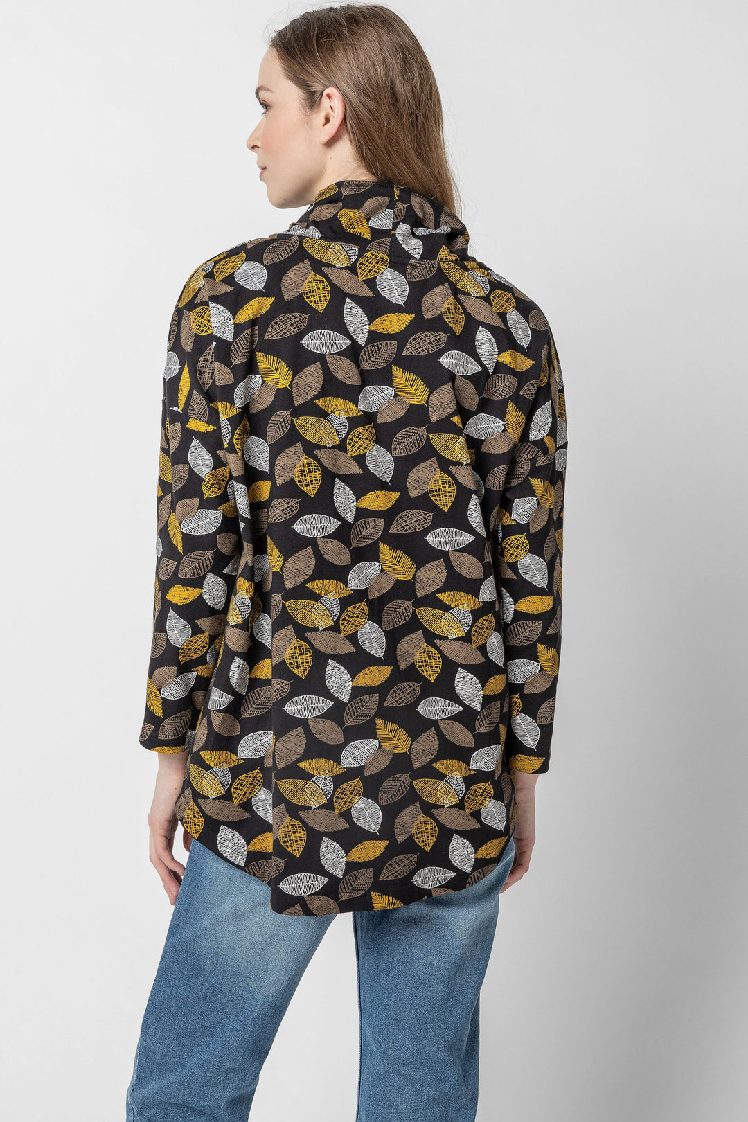 Leaf Print Jersey Drawstring Cowl Top