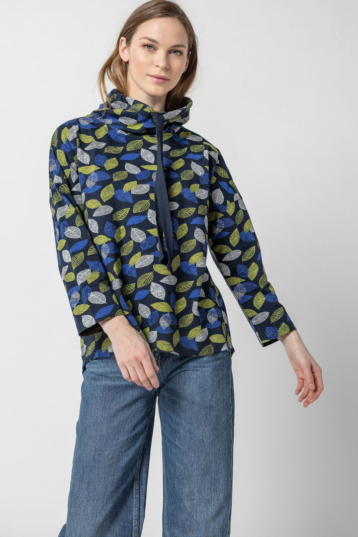 Leaf Print Jersey Drawstring Cowl Top