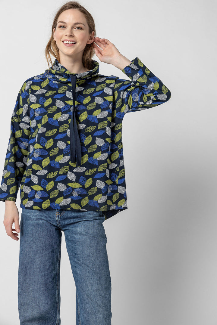 Leaf Print Jersey Drawstring Cowl Top