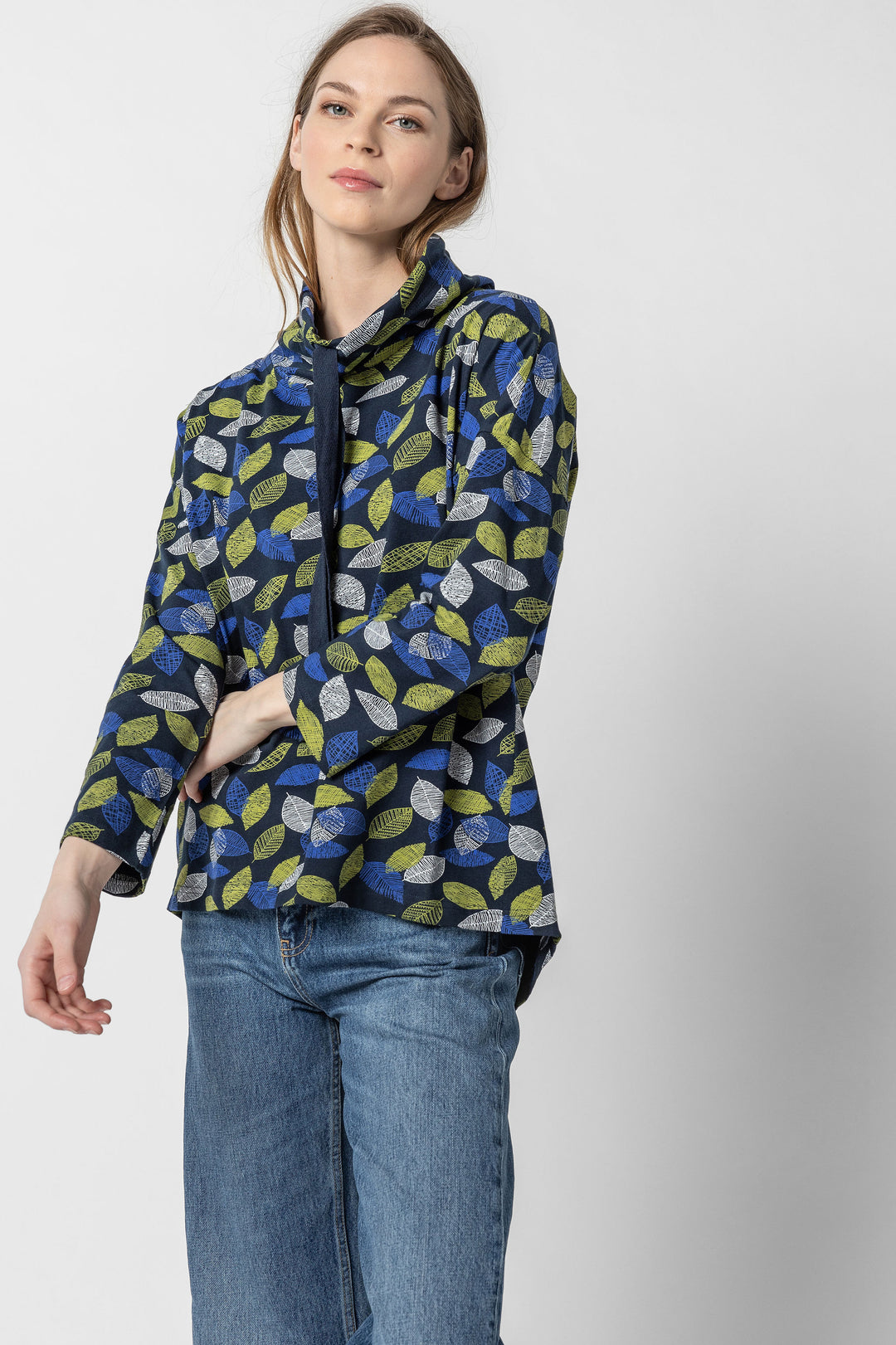 Leaf Print Jersey Drawstring Cowl Top