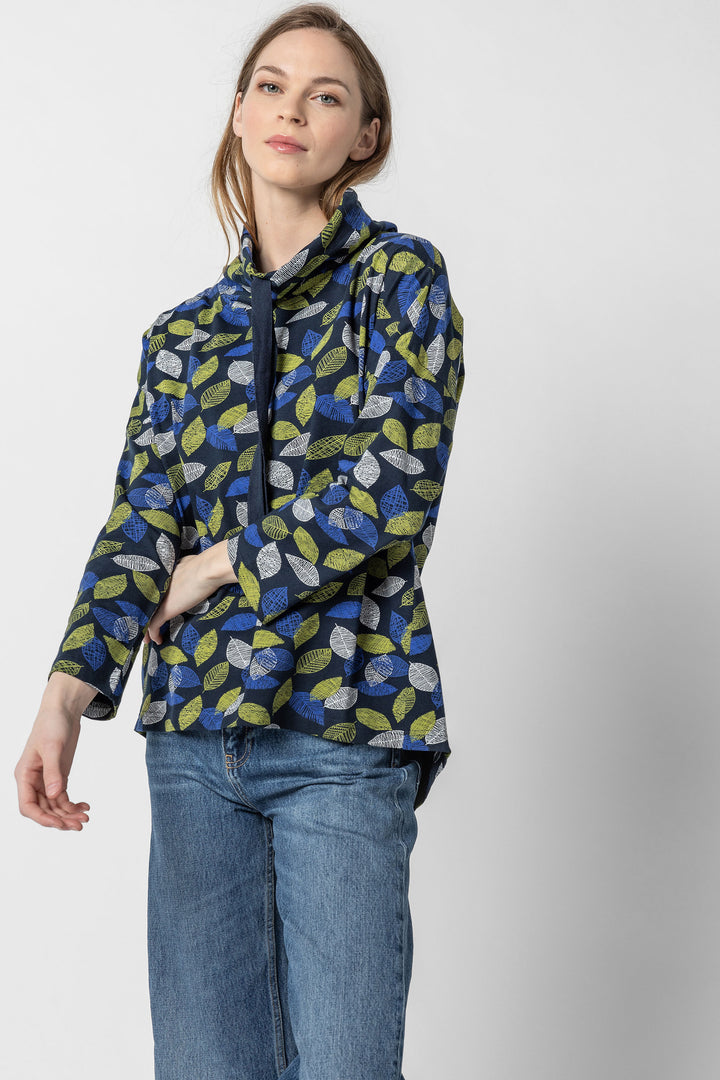 Leaf Print Jersey Drawstring Cowl Top