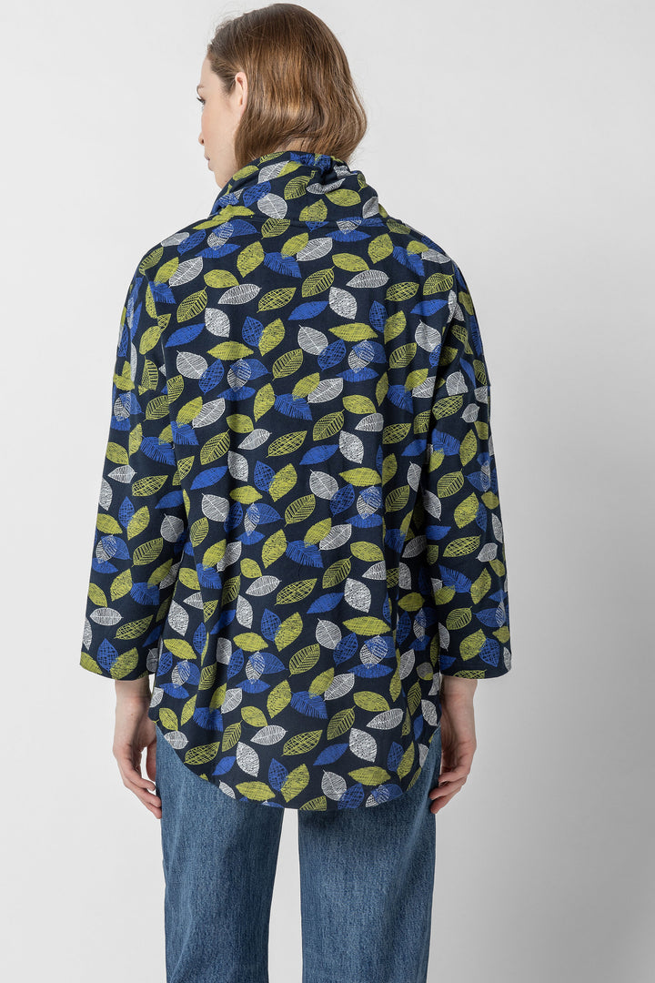 Leaf Print Jersey Drawstring Cowl Top