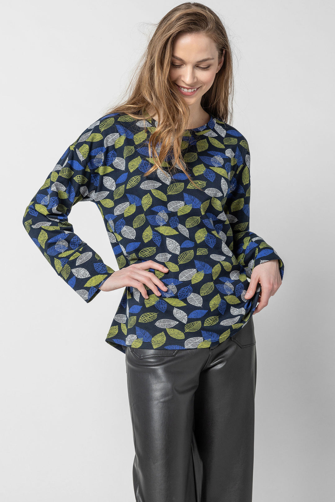 Leaf Print Jersey Crew Top