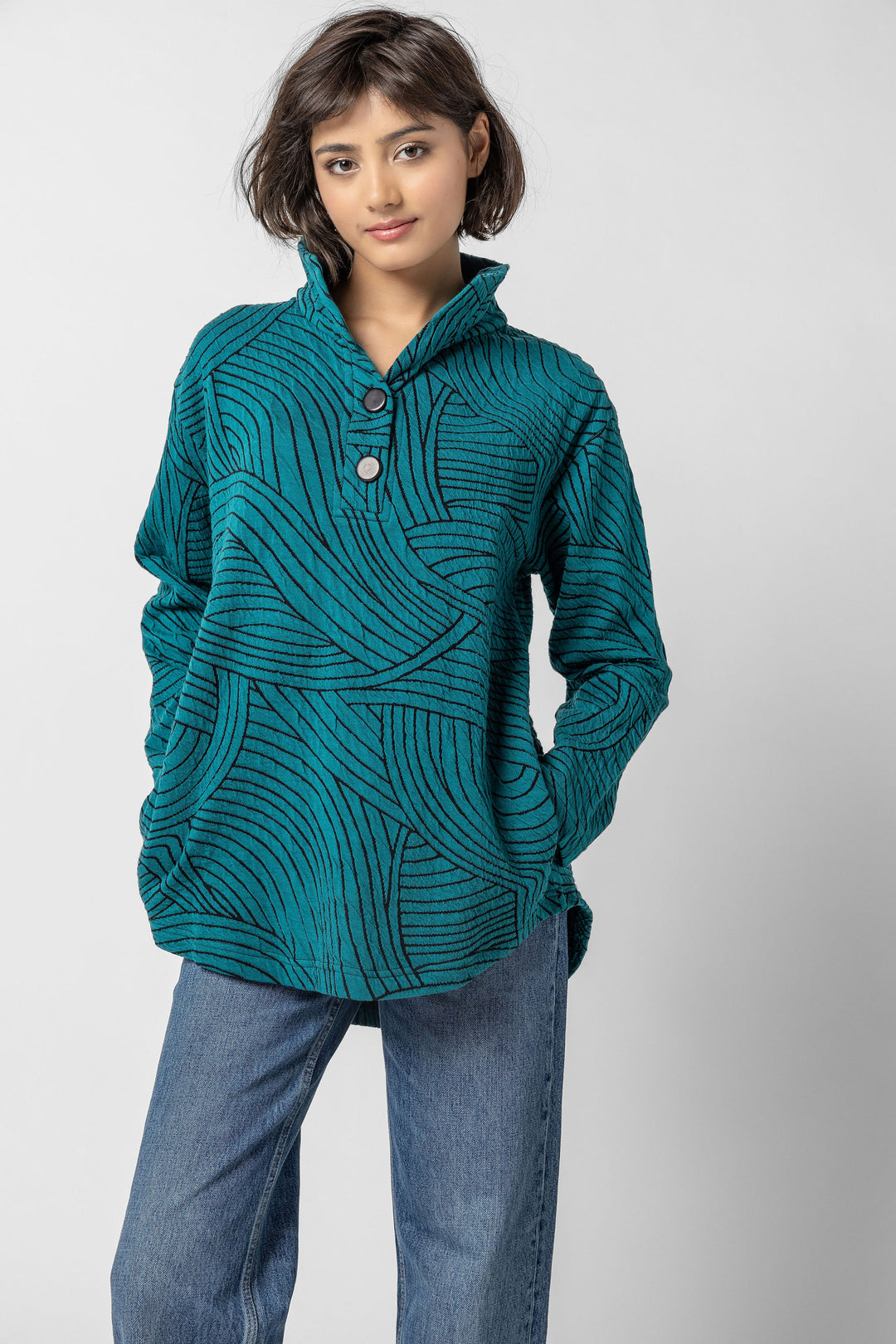 Organic Swirl Jacquard Button Top