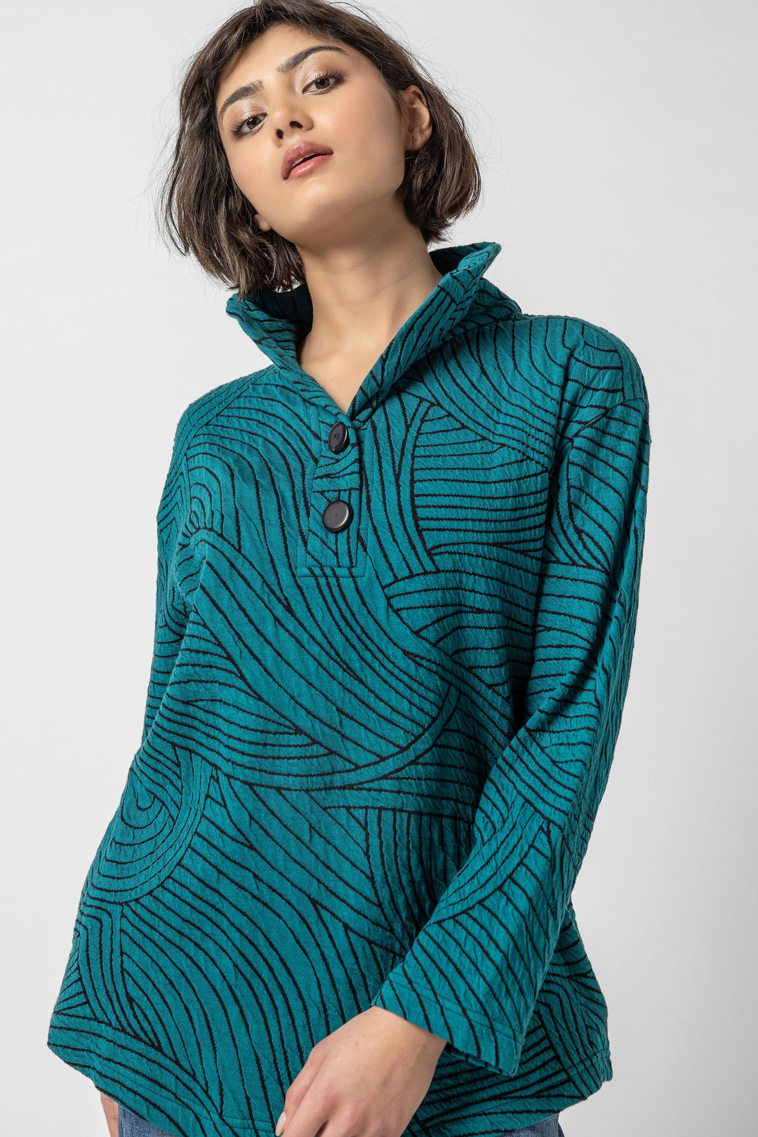 Organic Swirl Jacquard Button Top