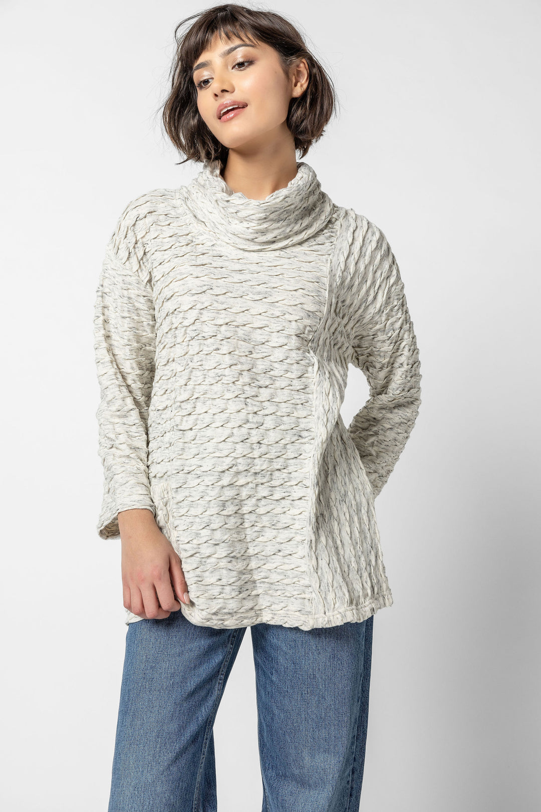 Marled Waffle Cowl Pocket Top