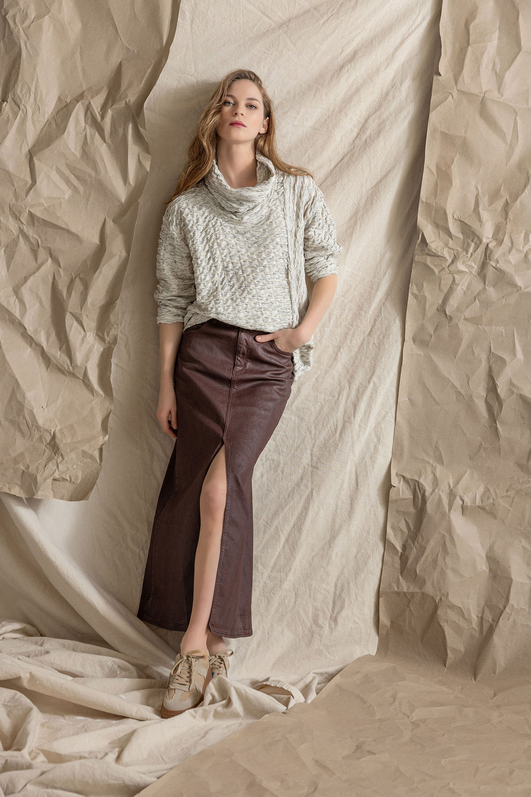Marled Waffle Cowl Pocket Top